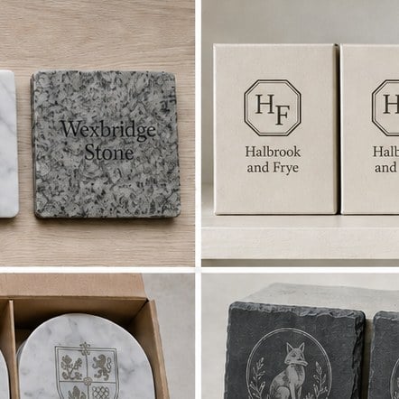Customized stone coasters for distilleries and tasting rooms